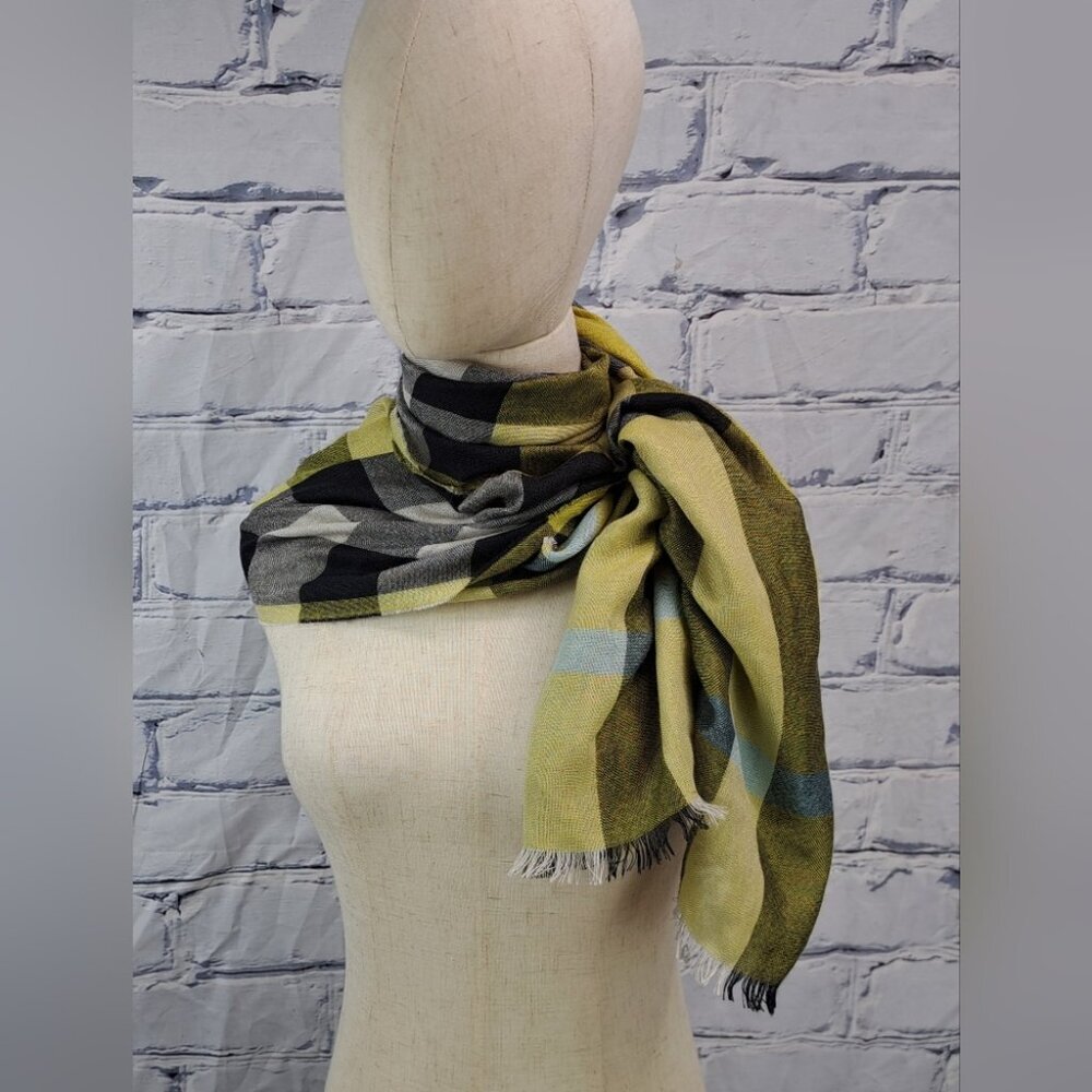 Burberry Women's Scarf Yellow Black Nova Check Silk Cashmere Italy 70" x 20" - Picture 13 of 15